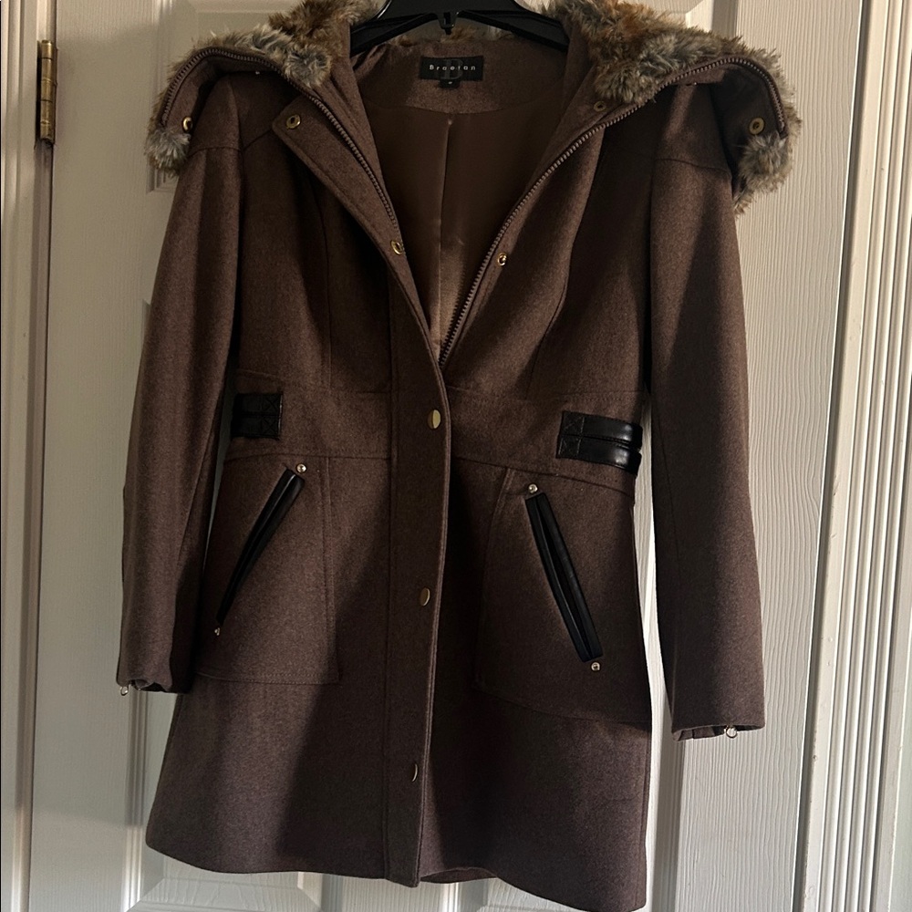 Brand new Braetan Brown Trench Coat with Fur Hood small